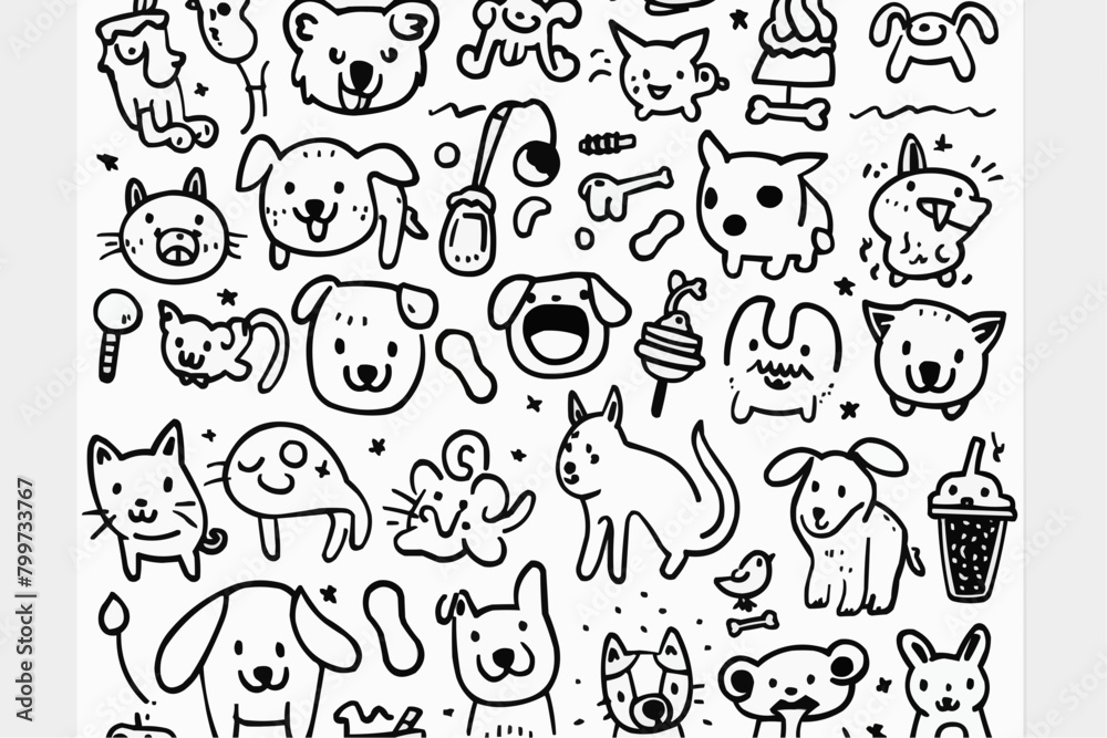 Simple wallpaper of dogs and cats. Vector linear seamless pattern. For postcard covers, etc Simple wallpaper of dogs and cats. Vector linear seamless pattern. For postcard covers, etc