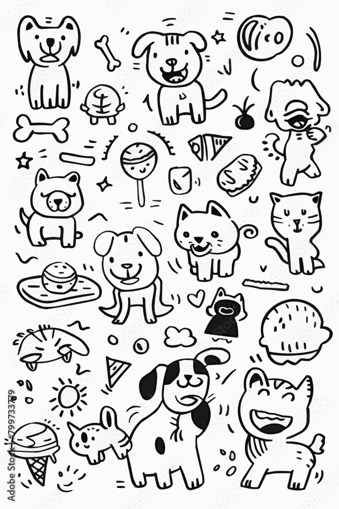 Simple wallpaper of dogs and cats. Vector linear seamless pattern. For postcard covers, etc Simple wallpaper of dogs and cats. Vector linear seamless pattern. For postcard covers, etc