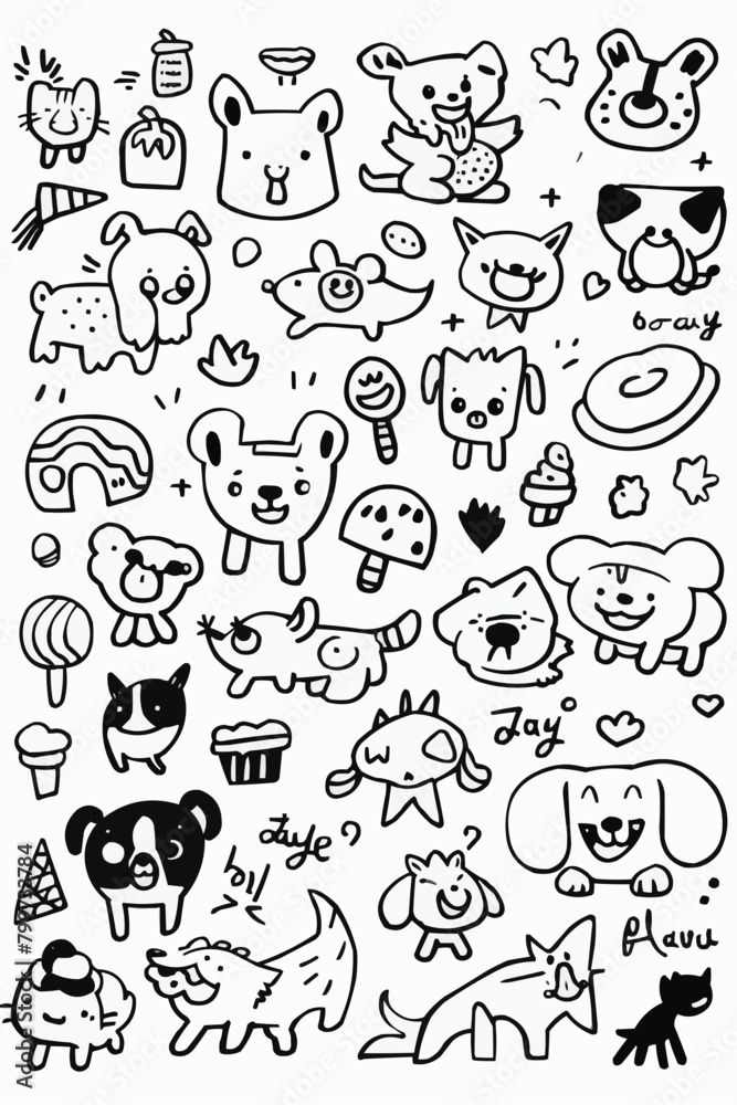 Fototapeta premium Simple wallpaper of dogs and cats. Vector linear seamless pattern. For postcard covers, etc