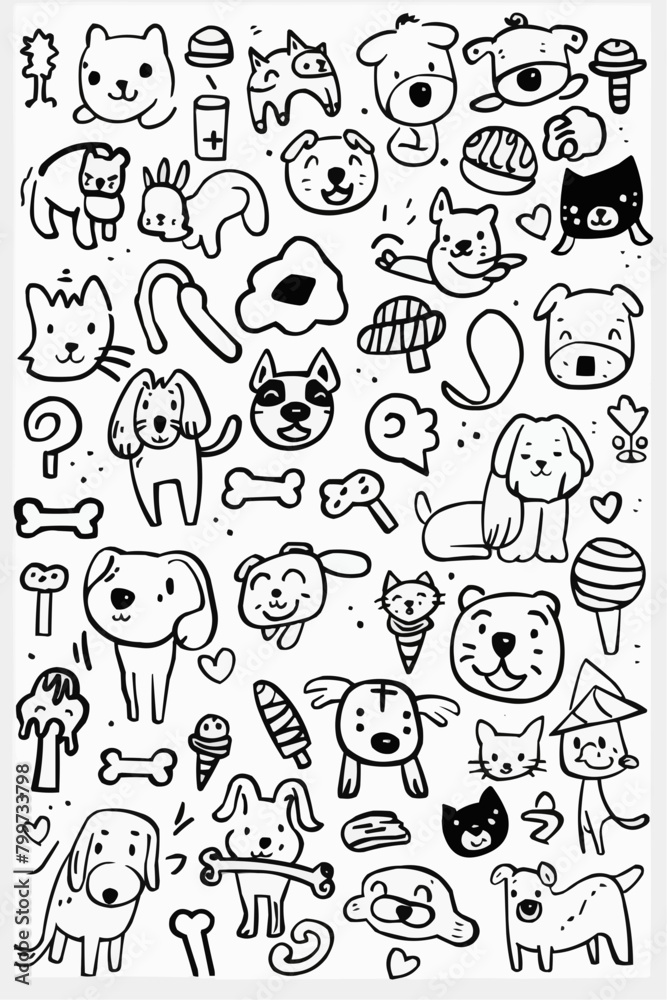 Simple wallpaper of dogs and cats. Vector linear seamless pattern. For postcard covers, etc