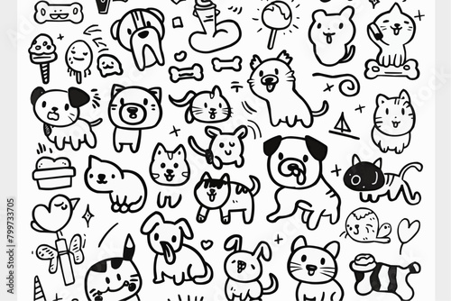 Simple wallpaper of dogs and cats. Vector linear seamless pattern. For postcard covers, etc © Daniil