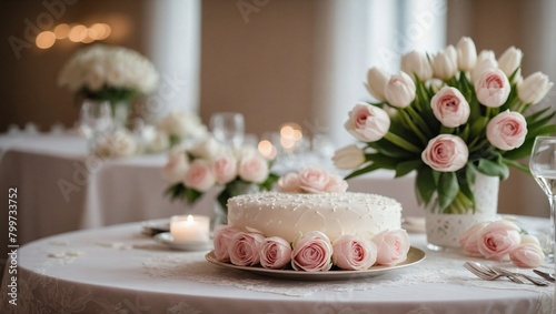 Wedding cake table adorned with White Roses and Pink Tulips on a White Lace Tablecloth