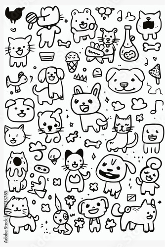 Simple wallpaper of dogs and cats. Vector linear seamless pattern. For postcard covers, etc