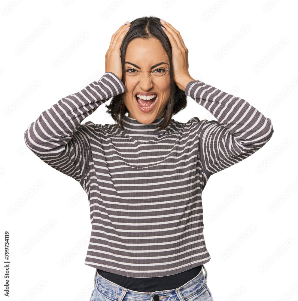 Young Caucasian woman with short hair screaming, very excited, passionate, satisfied with something. Young Caucasian woman with short hair screaming, very excited, passionate, satisfied with something.