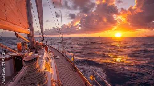 A sunset cruise on a sailboat in the Caribbean, with guests enjoying cocktails as the sky turns brilliant shades of orange and pink