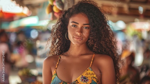 A young woman standing confidently in a bustling market scene, radiating a warm, approachable vibe