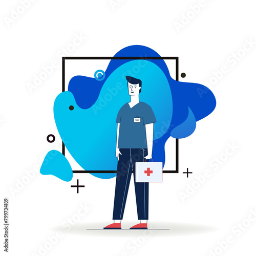 Paramedic with first aid kit. Male character in medical uniform flat vector illustration. Emergency, doctor visiting patient concept for banner, website design or landing web page