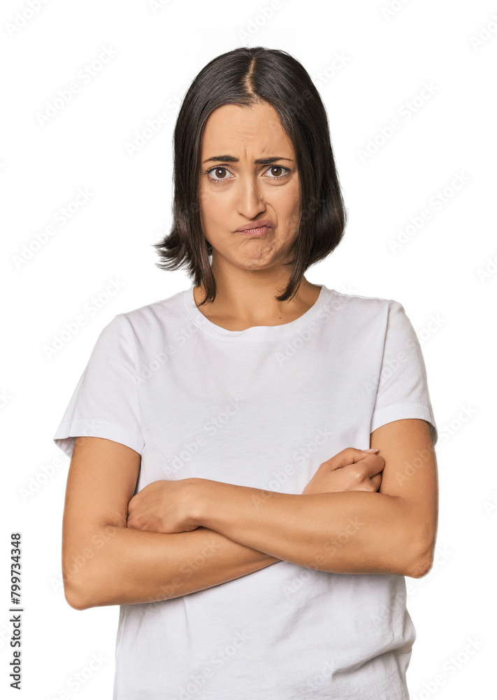 Young Caucasian woman with short hair unhappy looking in camera with sarcastic expression. Young Caucasian woman with short hair unhappy looking in camera with sarcastic expression.