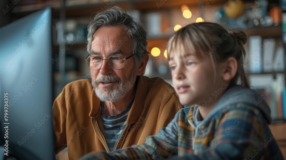 An elderly man and a young girl are looking at a computer screen together An elderly man and a young girl are looking at a computer screen together
