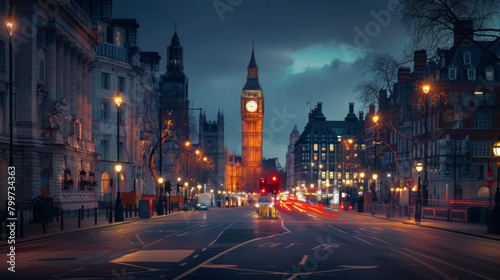 The city's iconic clock tower illuminated against the night sky, serving as a beacon of time amidst the bustling streets below.