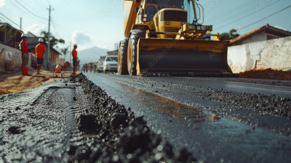 Capture the synergy and dedication of the road construction team during asphalt work, showing careful grading , AI Generative Capture the synergy and dedication of the road construction team during asphalt work, showing careful grading , AI Generative