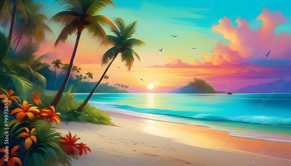 A tropical island with a sunset in the background, surrounded by crystal clear water and palm trees