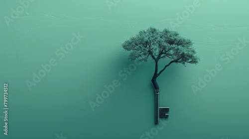 A 3D rendering of a key with a tree growing out of the top of it setting on a soft jade green pastel background