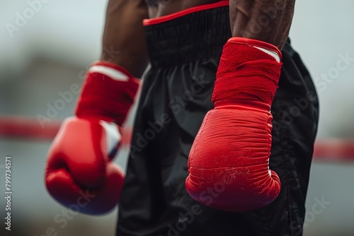 Closeup of boxers hands wrapped in red boxing wraps before training session. Concept Boxing, Closeup, Hands, Wraps, Training Session © Anastasiia