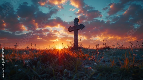 Christian cross silhouette on grass, breathtaking sunrise illuminating the background, symbol of faith and renewal, AI Generative