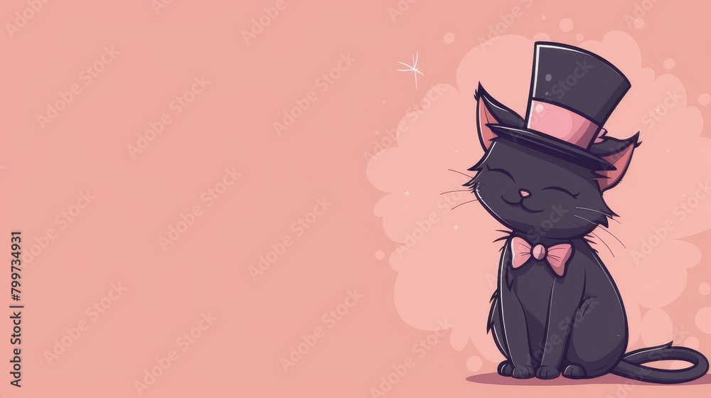A cute black cat wearing a pink bowtie and a black top hat is sitting on the right side of the image, on a pink background.