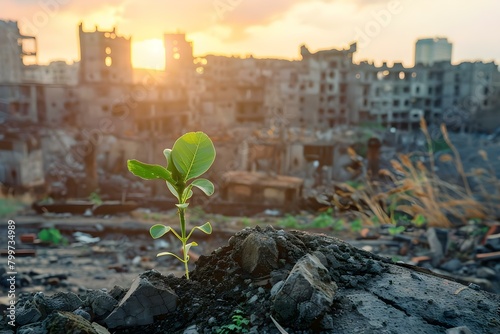 Renewed Growth in a Devastated City: A Symbol of Environmental Hope. Concept Environmental Renewal, City Rejuvenation, Symbolic Growth, Hopeful Future