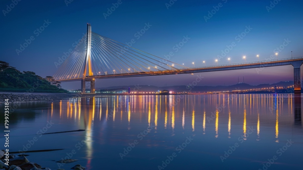 The iconic bridge spanning the river, illuminated by shimmering lights reflected in the tranquil waters below, a symbol of connectivity. The iconic bridge spanning the river, illuminated by shimmering lights reflected in the tranquil waters below, a symbol of connectivity.