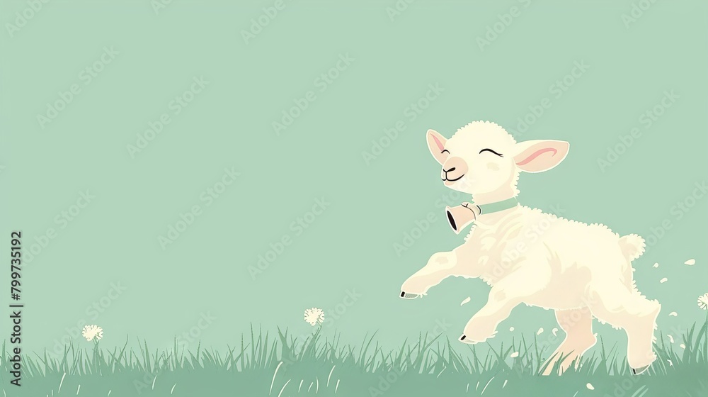 A cute cartoon lamb is happily hopping through a green field on a sunny day.