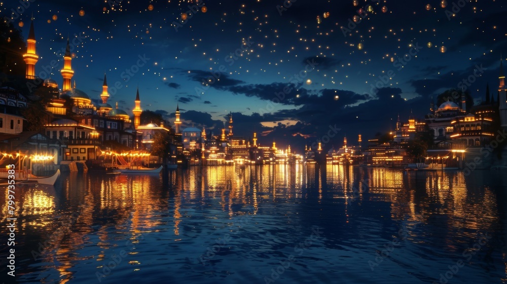 The illuminated skyline of the ancient city at night, with twinkling lights reflecting in calm waters, a mesmerizing sight.