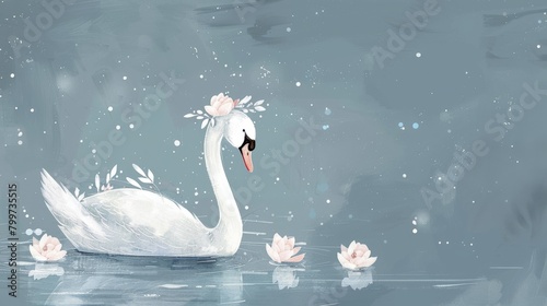 A cartoon swan with a flower crown swims in a misty lake surrounded by water lilies on a soft blue with white highlights background