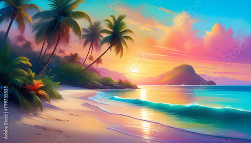 A tropical island with a blue ocean and palm trees on the beach  with a colorful sunset in the background.