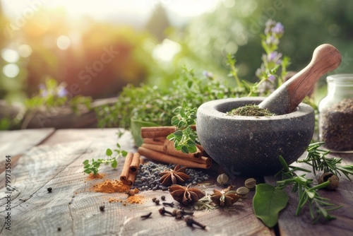 arrange a mortar and pestle made of natural materials on the table. Scatter a vibrant selection of whole spices and fresh herbs around the mortar and pestle. photo