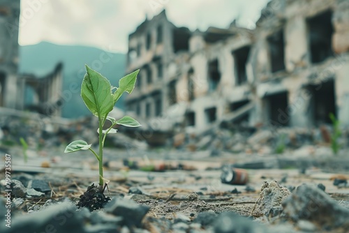 A New Plant Sprouts in a Ruined City, Signifying Hope for Environmental Restoration. Concept Environmental Restoration, Hopeful Symbolism, Urban Renewal, Nature Reclaiming, Plant Growth