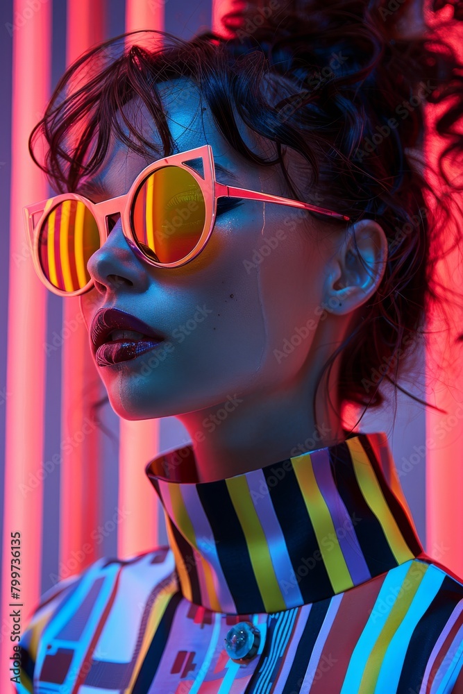 A fashion model poses in a brightly colored striped outfit with bold neon lights casting dramatic shadows, reflecting a modern and edgy style A fashion model poses in a brightly colored striped outfit with bold neon lights casting dramatic shadows, reflecting a modern and edgy style
