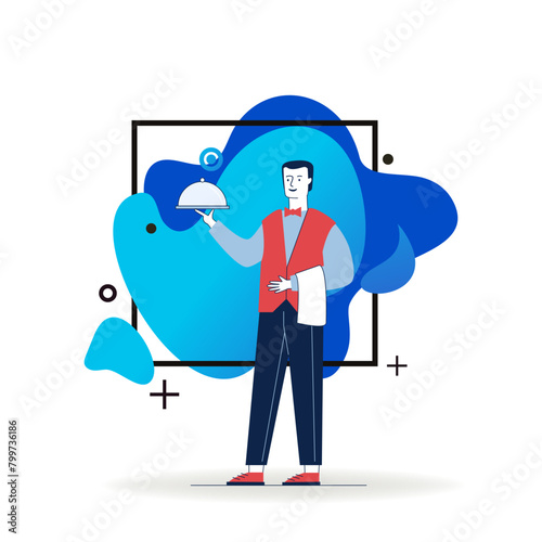 Waiter carrying dish. Man in bowtie with towel on hand flat vector illustration. Restaurant, dinner, catering concept for banner, website design or landing web page