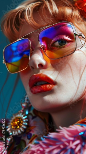 An ultra-close-up captures a woman's face adorned with stunning, artistic makeup in a myriad of bright, bold colors