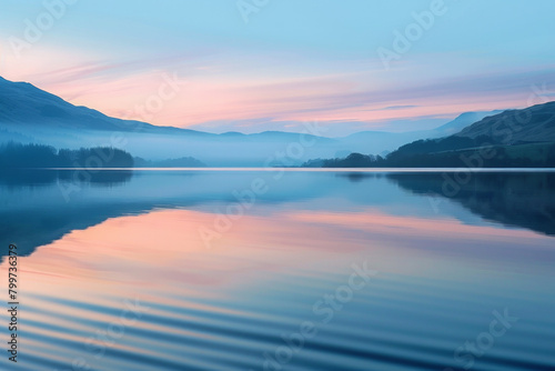 The gentle, rhythmic pattern of waves on a tranquil lake, with the water's surface reflecting the soft hues of the sky at dawn. 