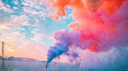 Vibrant clouds of smoke from a colorful smoke bomb drifting across a serene landscape, adding an element of surprise and intrigue.