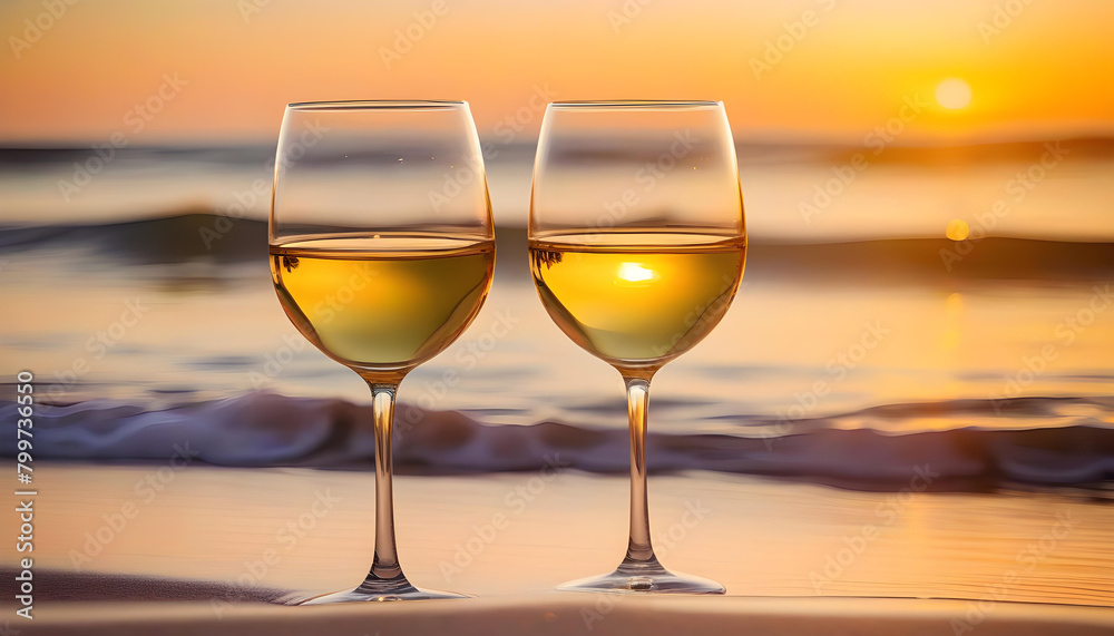 Two glasses of white wine on a beach with a tropical setting
