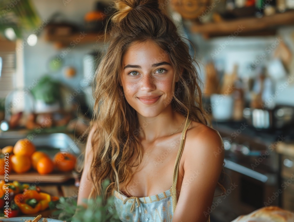 The image captures a cheerful, attractive young woman in a rustic kitchen setting The image captures a cheerful, attractive young woman in a rustic kitchen setting