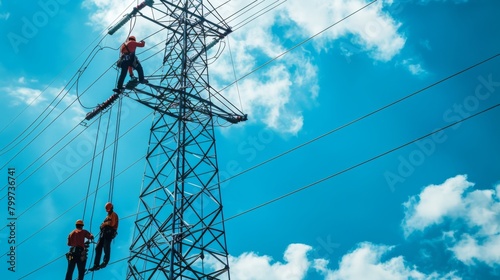 Workers installing power lines on a tower with a crane, demonstrating the ongoing maintenance and expansion of electrical networks. photo