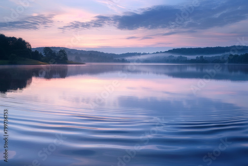 The gentle  rhythmic pattern of waves on a tranquil lake  with the water s surface reflecting the soft hues of the sky at dawn. 