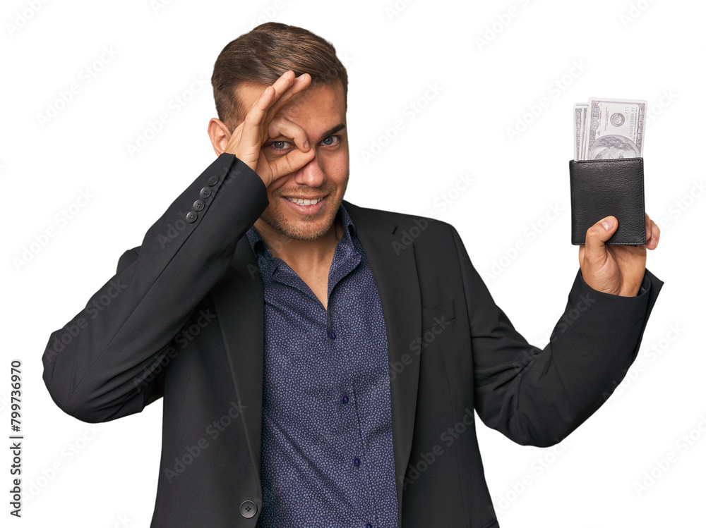 business caucasian man holding tickets excited keeping ok gesture on eye.