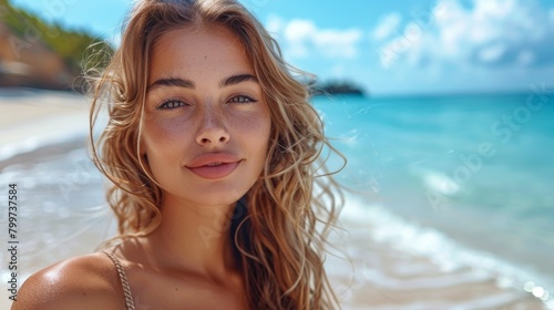 A close-up portrait of a young woman with freckles and wavy hair  smiling subtly at a sunny beach with clear blue skies