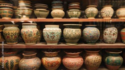 Pots with intricate patterns and designs are lined up on a shelf each representing a different historical era and region from ancient Egypt to Ming Dy China..