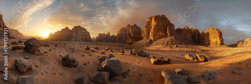 An awe-inspiring panoramic view of towering desert mountains under a golden sunset sky