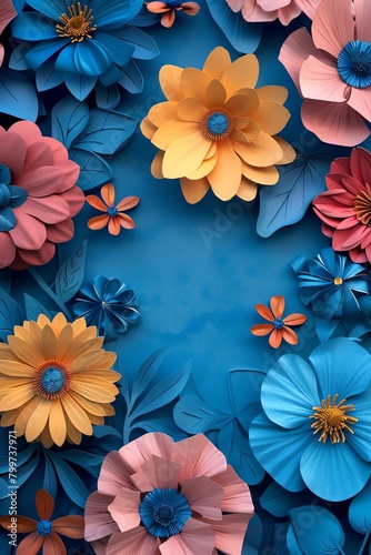 HD, 16k, empty space in center area, beautiful retro modern trendy Paper cut flowers bold and big 3D, minimalis element, background, aspect  ratio 2:3 © rajagambar99