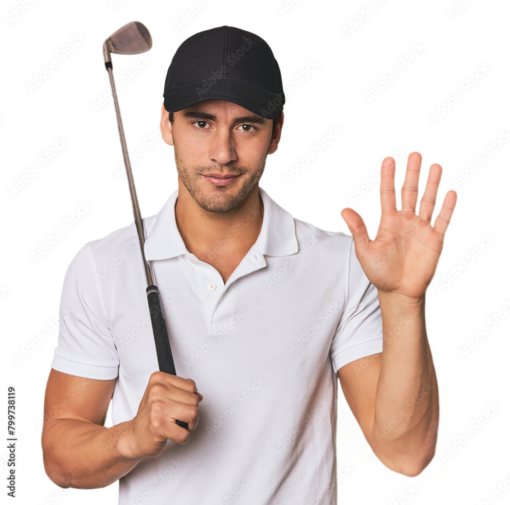 Young Hispanic man with golf club smiling cheerful showing number five with fingers. Young Hispanic man with golf club smiling cheerful showing number five with fingers.