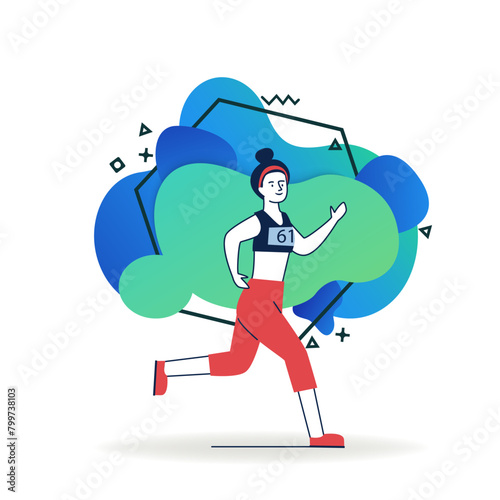 Young woman running. Cartoon character wearing fitness apparel, jogging flat vector illustration. Morning, outdoor workout, active lifestyle concept for banner, website design or landing web page
