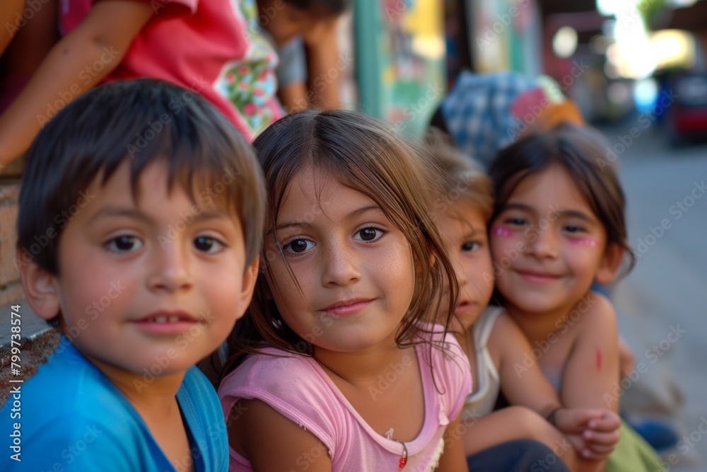 Portrait of a group of children in the street. Selective focus. Portrait of a group of children in the street. Selective focus.