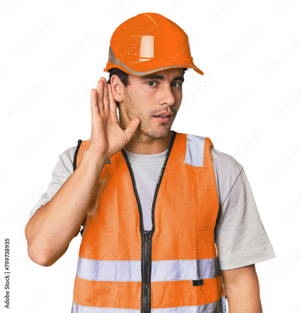 Young Hispanic worker in safety gear trying to listening a gossip. Young Hispanic worker in safety gear trying to listening a gossip.