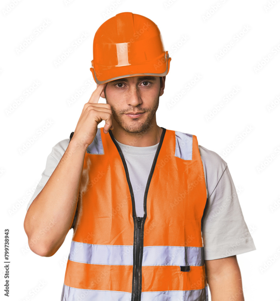 Young Hispanic worker in safety gear pointing temple with finger, thinking, focused on a task. Young Hispanic worker in safety gear pointing temple with finger, thinking, focused on a task.