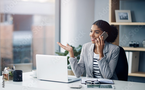 Phone call, laptop and business black woman in office for talking, networking and discussion. Corporate, professional and person on smartphone and computer for planning, online chat or communication