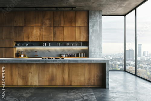 Modern wood and concrete kitchen interior with empty mock up place on wall, island, appliances and window with city view and daylight © Sangkarn