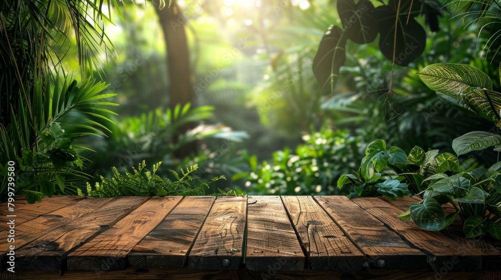Empty wooden table, vibrant green background, serene and inviting for product display, AI Generative Empty wooden table, vibrant green background, serene and inviting for product display, AI Generative